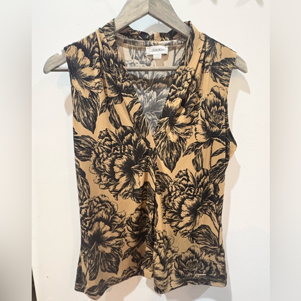 Calvin Klein Tan and Black Floral Blouse